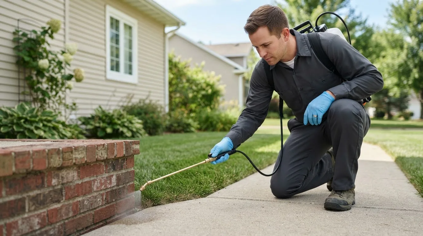 Pest control technician treating a home near Burkeville, TX