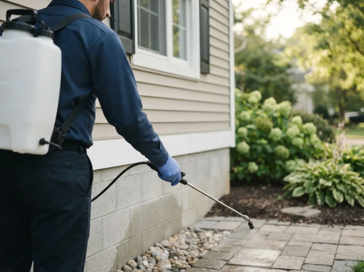 Pest control technician inspecting a home in Burkeville, TX